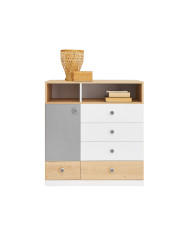 Komoda Pixel PX9, drzwi, szuflady, wnęki regałowe, Dąb biszkoptowy/ Biały lux/ Szary, MEBLAR