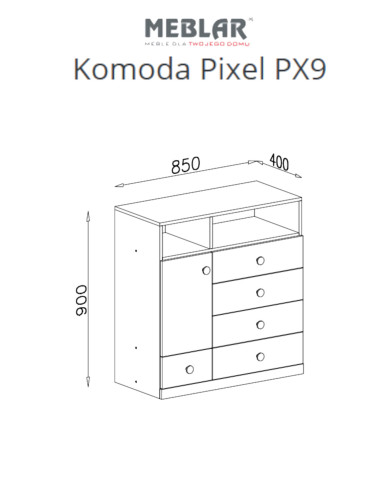 Komoda Pixel PX9, drzwi, szuflady, wnęki regałowe, Dąb biszkoptowy/ Biały lux/ Szary, MEBLAR