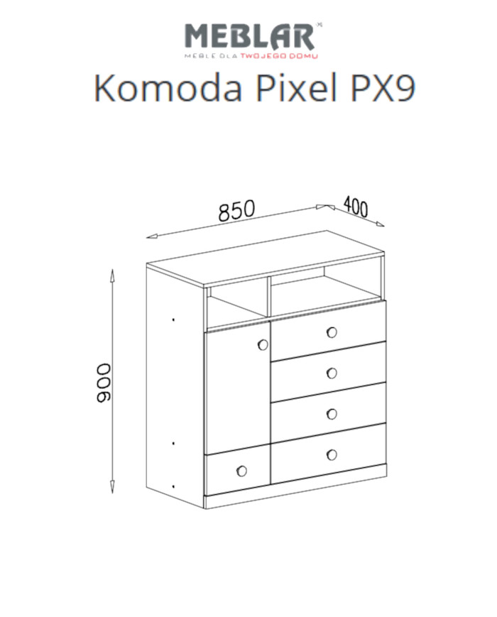 Komoda Pixel PX9, drzwi, szuflady, wnęki regałowe, Dąb biszkoptowy/ Biały lux/ Szary, MEBLAR