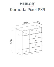 Komoda Pixel PX9, drzwi, szuflady, wnęki regałowe, Dąb biszkoptowy/ Biały lux/ Szary, MEBLAR