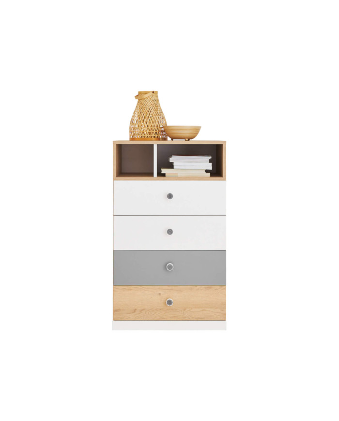 Komoda Pixel PX10, szuflady, wnęki regałowe, Dąb biszkoptowy/ Biały lux/ Szary, MEBLAR