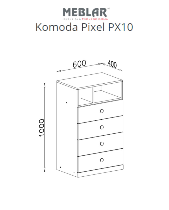Komoda Pixel PX10, szuflady, wnęki regałowe, Dąb biszkoptowy/ Biały lux/ Szary, MEBLAR