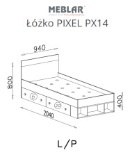Łóżko PIXEL PX14, powierzchnia 90x200 cm, szuflady, wnęki regałowe, Dąb biszkoptowy /Biały lux/ Szary, MEBLAR
