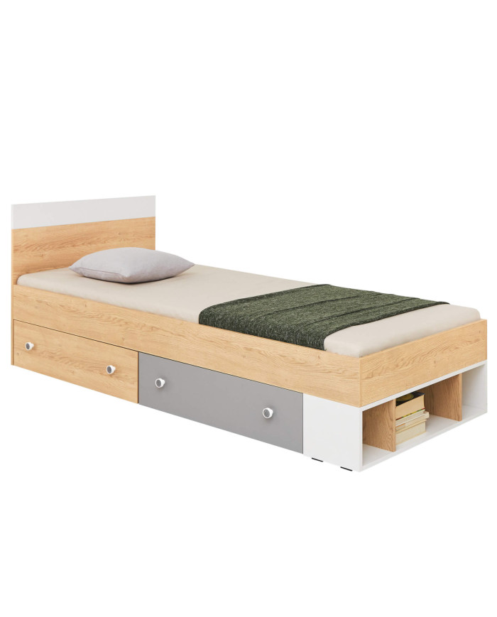 Łóżko PIXEL PX14, powierzchnia 90x200 cm, szuflady, wnęki regałowe, Dąb biszkoptowy /Biały lux/ Szary, MEBLAR