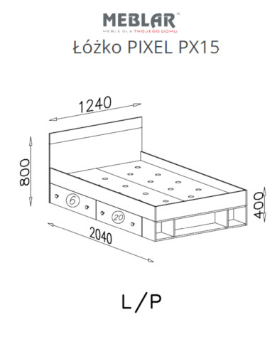 Łóżko PIXEL PX15, powierzchnia 120x200 cm, szuflady, wnęki regałowe, Dąb biszkoptowy /Biały lux/ Szary, MEBLAR