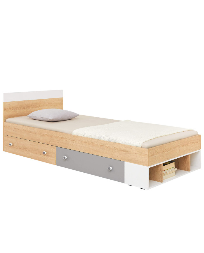 Łóżko PIXEL PX15, powierzchnia 120x200 cm, szuflady, wnęki regałowe, Dąb biszkoptowy /Biały lux/ Szary, MEBLAR