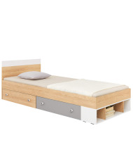 Łóżko PIXEL PX15, powierzchnia 120x200 cm, szuflady, wnęki regałowe, Dąb biszkoptowy /Biały lux/ Szary, MEBLAR