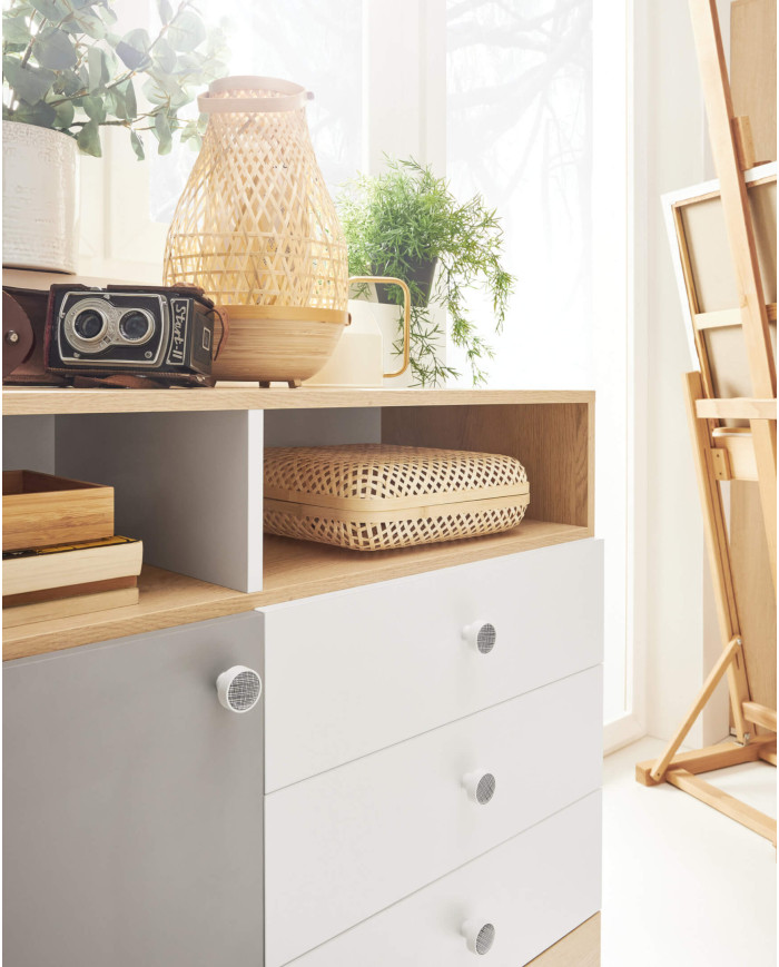 Szafa Pixel PX1, trzydrzwiowa z szufladami i wnękami regałowymi, Dąb biszkoptowy/ Biały lux/ Szary, MEBLAR