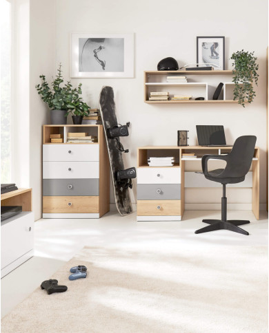 Szafa Pixel PX3, dwudrzwiowa z szufladami, Dąb biszkoptowy/ Biały lux/ Szary, MEBLAR