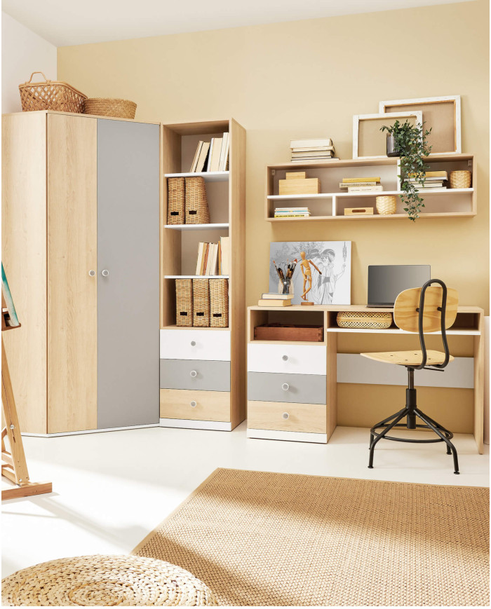 Regał Pixel PX4 z drzwiami i szufladami, Dąb biszkoptowy/ Biały lux/ Szary, MEBLAR