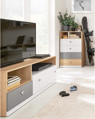 Regał Pixel PX4 z drzwiami i szufladami, Dąb biszkoptowy/ Biały lux/ Szary, MEBLAR