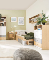 Regał Pixel PX6 z szufladami i wnękami regałowymi, Dąb biszkoptowy/ Biały lux/ Szary, MEBLAR