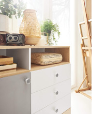 Regał Pixel PX6 z szufladami i wnękami regałowymi, Dąb biszkoptowy/ Biały lux/ Szary, MEBLAR