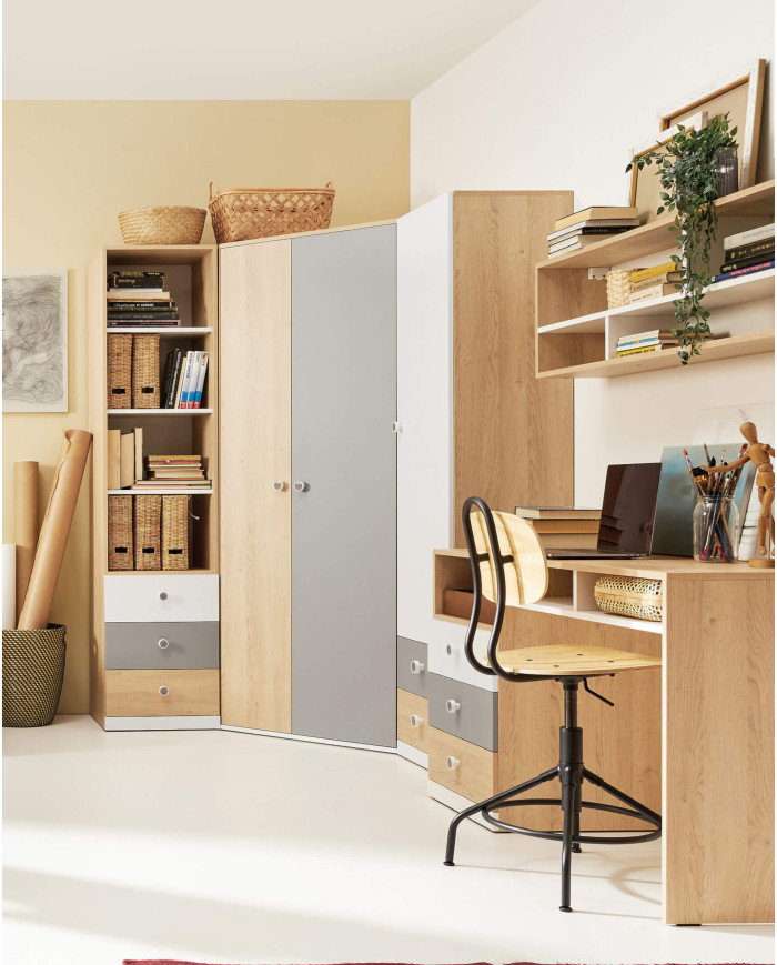 Regał duży Pixel PX7 z drzwiami, szufladami i wnękami regałowymi, Dąb biszkoptowy/ Biały lux/ Szary, MEBLAR