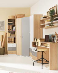 Komoda Pixel PX9, drzwi, szuflady, wnęki regałowe, Dąb biszkoptowy/ Biały lux/ Szary, MEBLAR