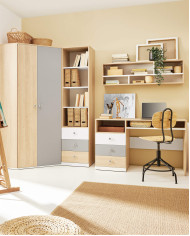 Komoda Pixel PX10, szuflady, wnęki regałowe, Dąb biszkoptowy/ Biały lux/ Szary, MEBLAR