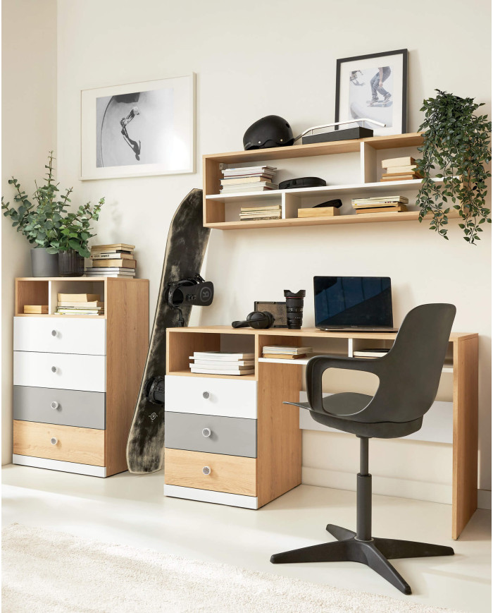 Komoda Pixel PX10, szuflady, wnęki regałowe, Dąb biszkoptowy/ Biały lux/ Szary, MEBLAR