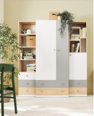 Szafka rtv Pixel PX11 z szufladami i półkami, Dąb biszkoptowy/ Biały lux/ Szary, MEBLAR