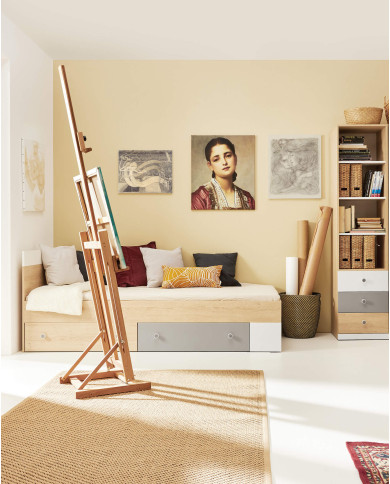 Łóżko PIXEL PX14, powierzchnia 90x200 cm, szuflady, wnęki regałowe, Dąb biszkoptowy /Biały lux/ Szary, MEBLAR