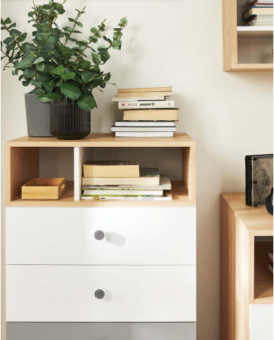 Łóżko PIXEL PX14, powierzchnia 90x200 cm, szuflady, wnęki regałowe, Dąb biszkoptowy /Biały lux/ Szary, MEBLAR