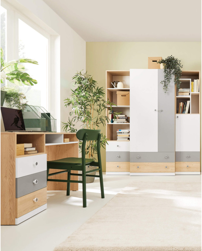 Łóżko PIXEL PX15, powierzchnia 120x200 cm, szuflady, wnęki regałowe, Dąb biszkoptowy /Biały lux/ Szary, MEBLAR