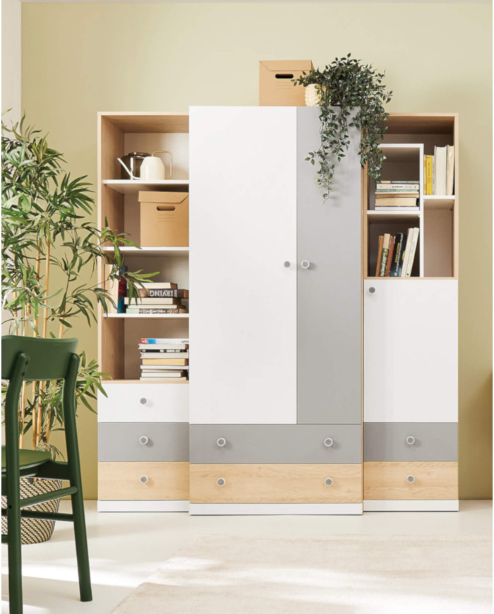 Łóżko PIXEL PX15, powierzchnia 120x200 cm, szuflady, wnęki regałowe, Dąb biszkoptowy /Biały lux/ Szary, MEBLAR