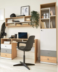 Łóżko PIXEL PX15, powierzchnia 120x200 cm, szuflady, wnęki regałowe, Dąb biszkoptowy /Biały lux/ Szary, MEBLAR