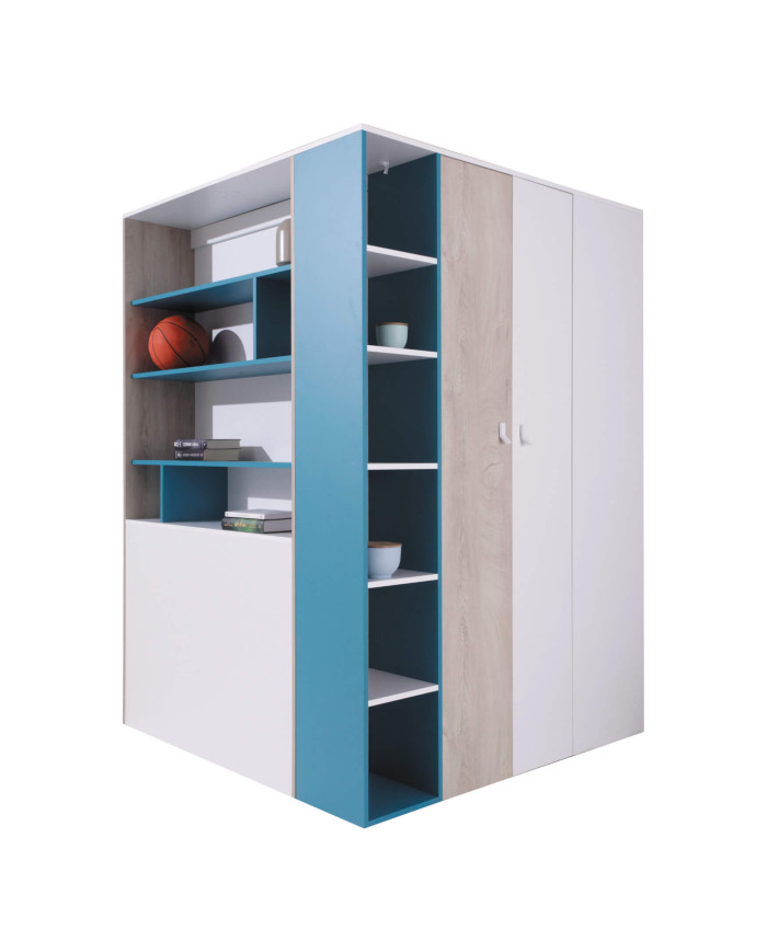 Szafa młodzieżowa - Garderoba Planet PL1, dwudrzwiowa, Biały lux/ Dąb/ Morski, MEBLAR