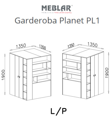Szafa młodzieżowa - Garderoba Planet PL1, dwudrzwiowa, Biały lux/ Dąb/ Morski, MEBLAR