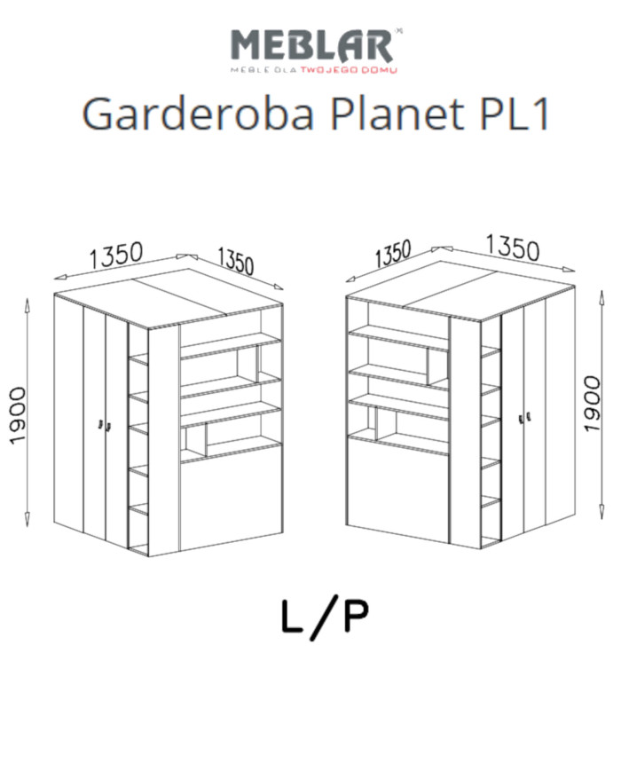 Szafa młodzieżowa - Garderoba Planet PL1, dwudrzwiowa, Biały lux/ Dąb/ Morski, MEBLAR