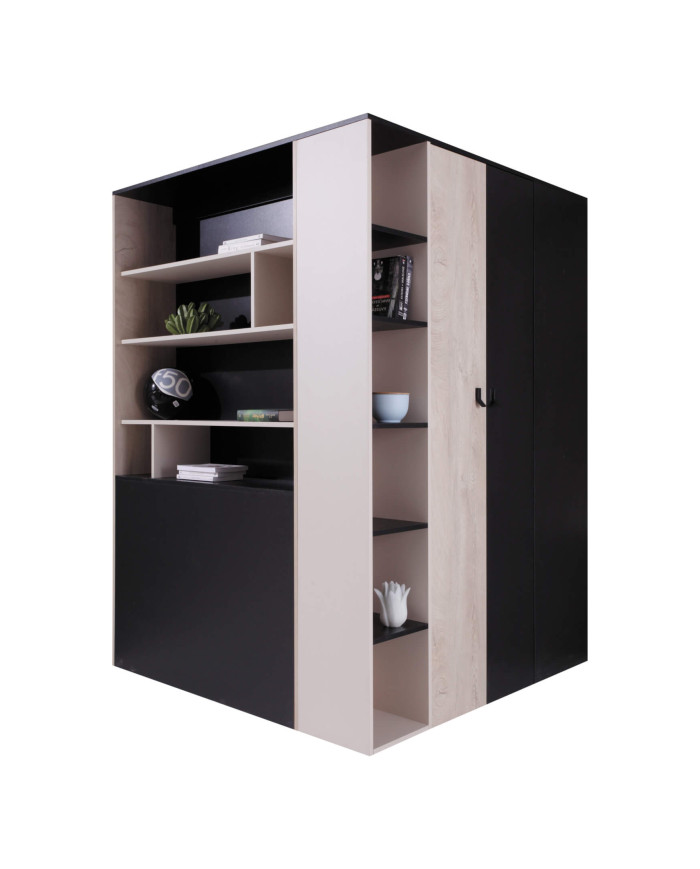 Szafa młodzieżowa - Garderoba Planet PL1, dwudrzwiowa, Czarny/ Dąb/ Beż, MEBLAR