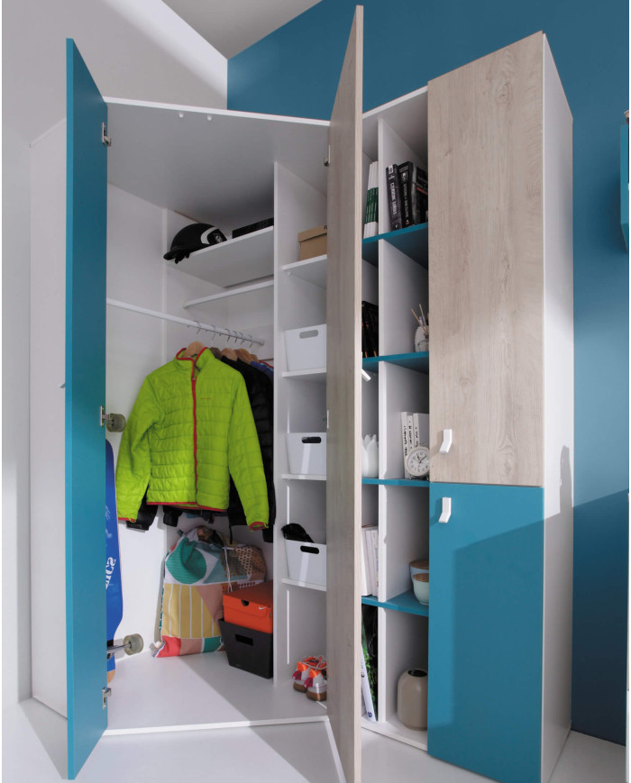 Szafa narożna Planet PL2, dwudrzwiowa, Biały lux/ Dąb/ Morski, MEBLAR