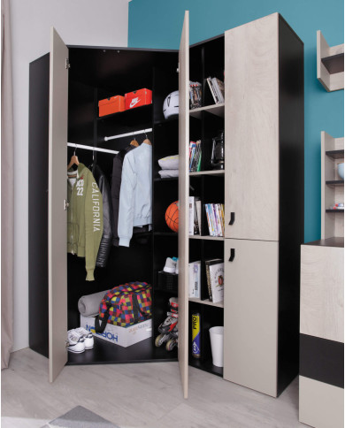 Szafa narożna Planet PL2, dwudrzwiowa, Czarny/ Dąb/ Beż, MEBLAR