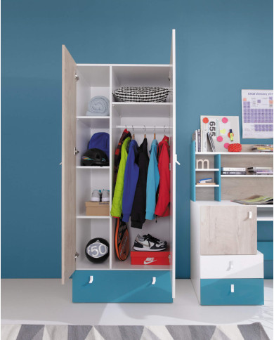 Szafa Planet PL3, dwudrzwiowa z szufladą, Biały lux/ Dąb/ Morski, MEBLAR