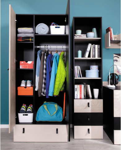 Szafa Planet PL3, dwudrzwiowa z szufladą, Czarny/ Dąb/ Beż, MEBLAR