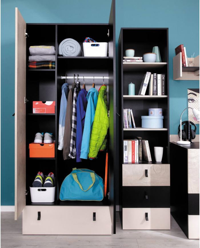 Szafa Planet PL3, dwudrzwiowa z szufladą, Czarny/ Dąb/ Beż, MEBLAR