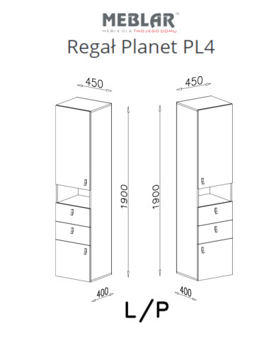 Regał Planet PL4 z drzwiami, szufladami i wnęką regałową, Biały lux/ Dąb/ Morski, MEBLAR