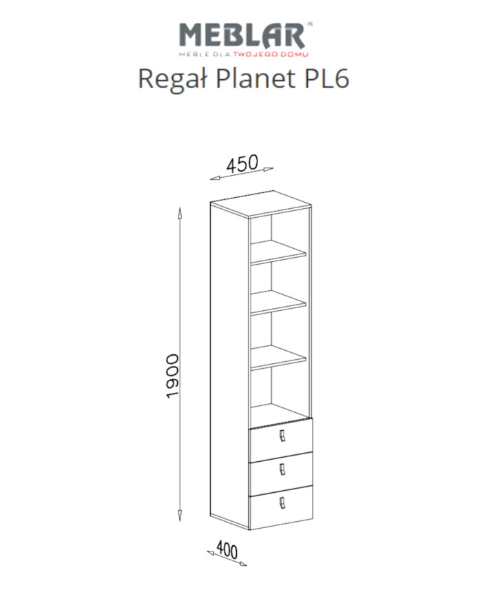 Regał Planet PL6 z szufladami i otwartymi półkami, Biały lux/ Dąb/ Morski, MEBLAR