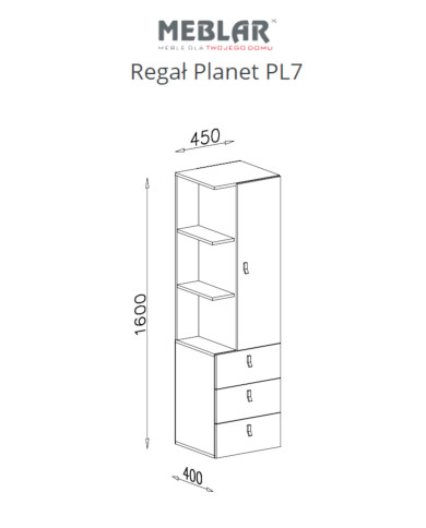 Regał niski Planet PL7 z szufladami, drzwiami i otwartymi półkami, Biały lux/ Dąb/ Morski, MEBLAR