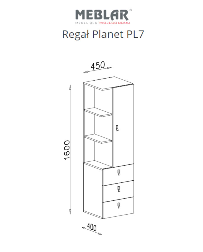 Regał niski Planet PL7 z szufladami, drzwiami i otwartymi półkami, Czarny/ Dąb/ Beż, MEBLAR