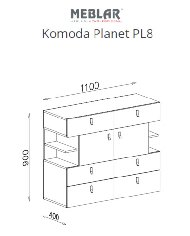 Komoda Planet PL8, drzwi, szuflady, półki, Biały lux/ Dąb/ Morski, MEBLAR