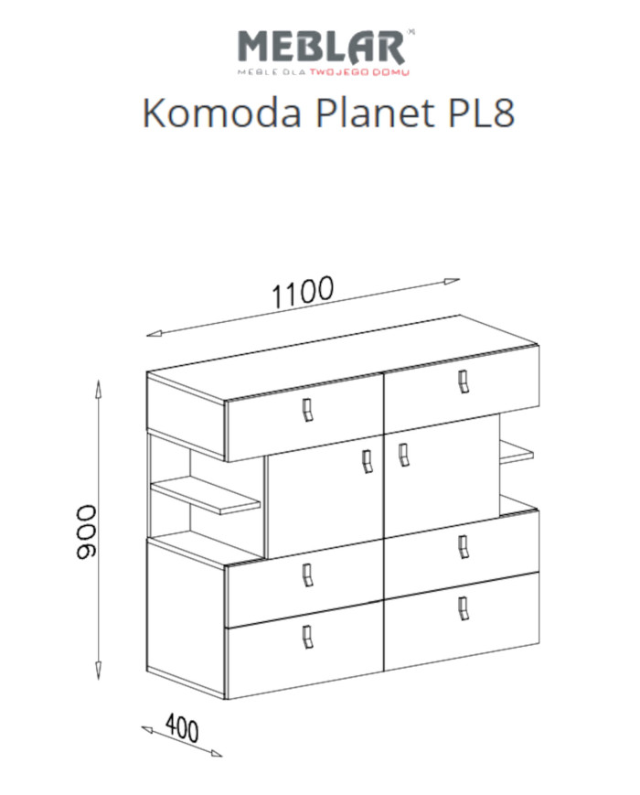 Komoda Planet PL8, drzwi, szuflady, półki, Biały lux/ Dąb/ Morski, MEBLAR