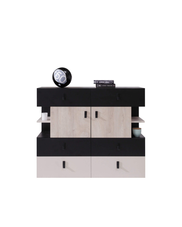 Komoda Planet PL8, drzwi, szuflady, półki, Czarny/ Dąb/ Beż, MEBLAR