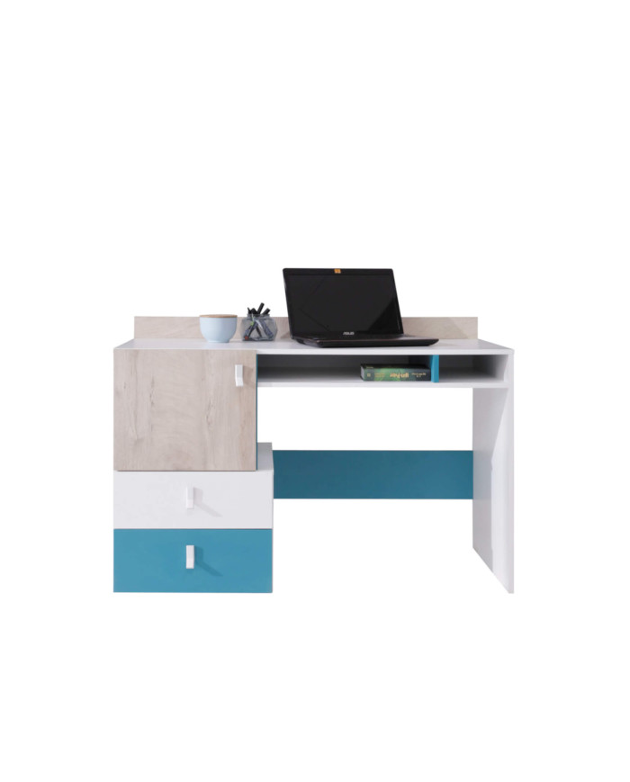 Biurko Planet PL9, drzwi, szuflady, wnęka regałowa, Biały lux/ Dąb/ Morski, MEBLAR