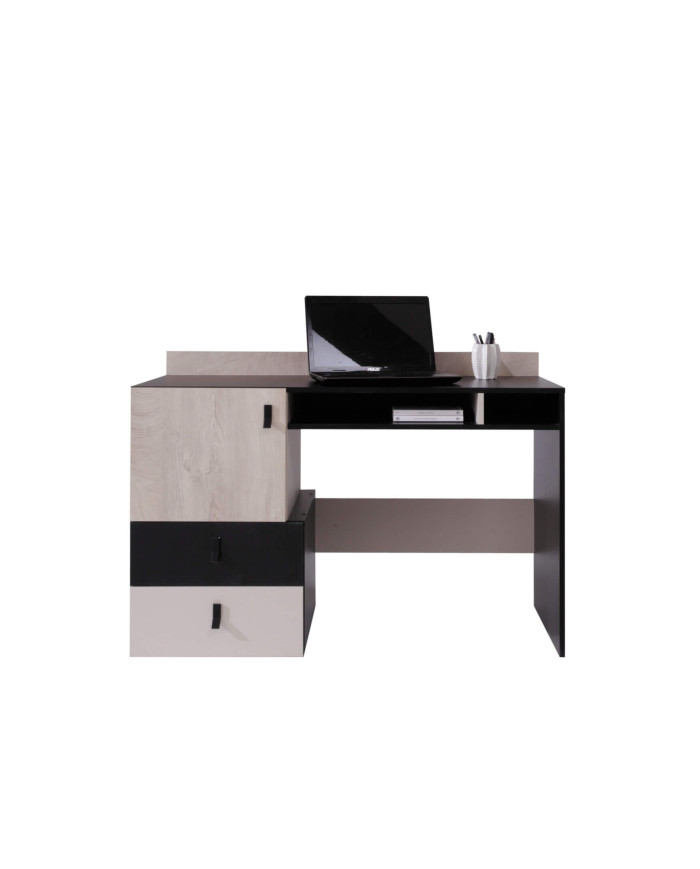 Biurko Planet PL9, drzwi, szuflady, wnęka regałowa, Czarny/ Dąb/ Beż, MEBLAR