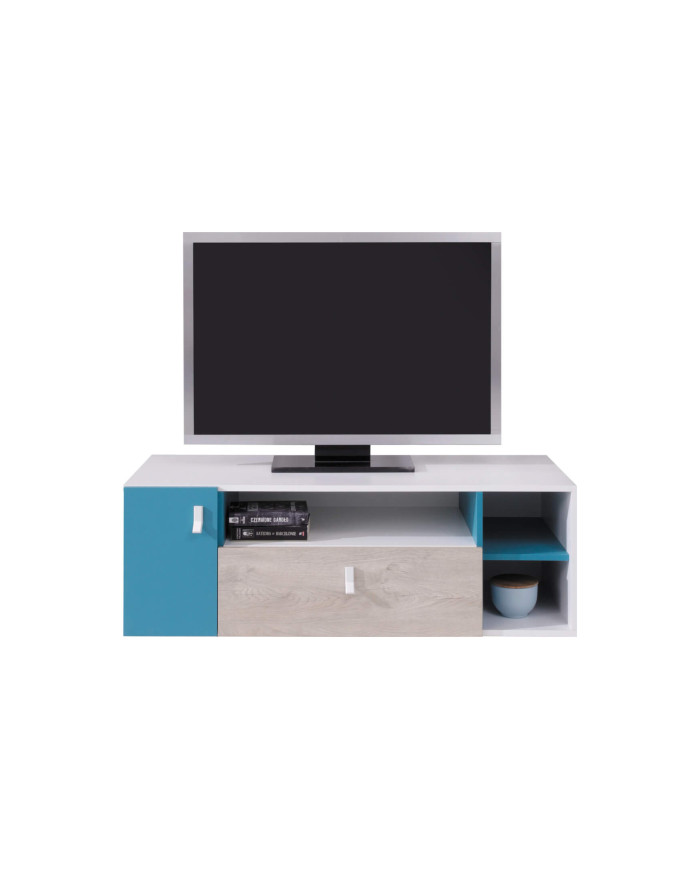 Szafka rtv Planet PL10 z szufladą, drzwiczkami i wnękami regałowymi, Biały lux/ Dąb/ Morski, MEBLAR