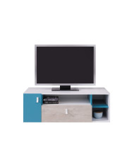 Szafka rtv Planet PL10 z szufladą, drzwiczkami i wnękami regałowymi, Biały lux/ Dąb/ Morski, MEBLAR