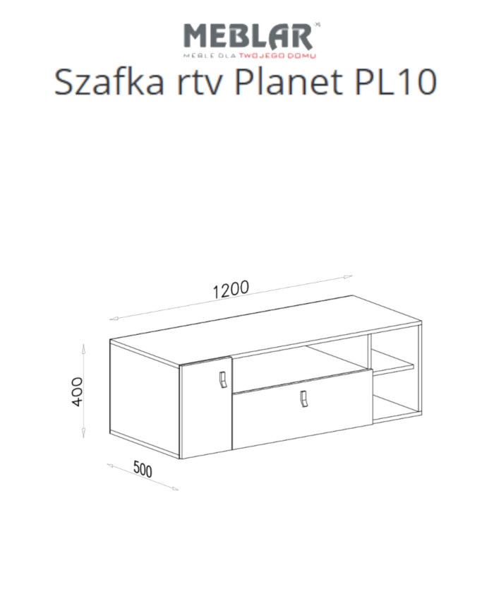 Szafka rtv Planet PL10 z szufladą, drzwiczkami i wnękami regałowymi, Biały lux/ Dąb/ Morski, MEBLAR