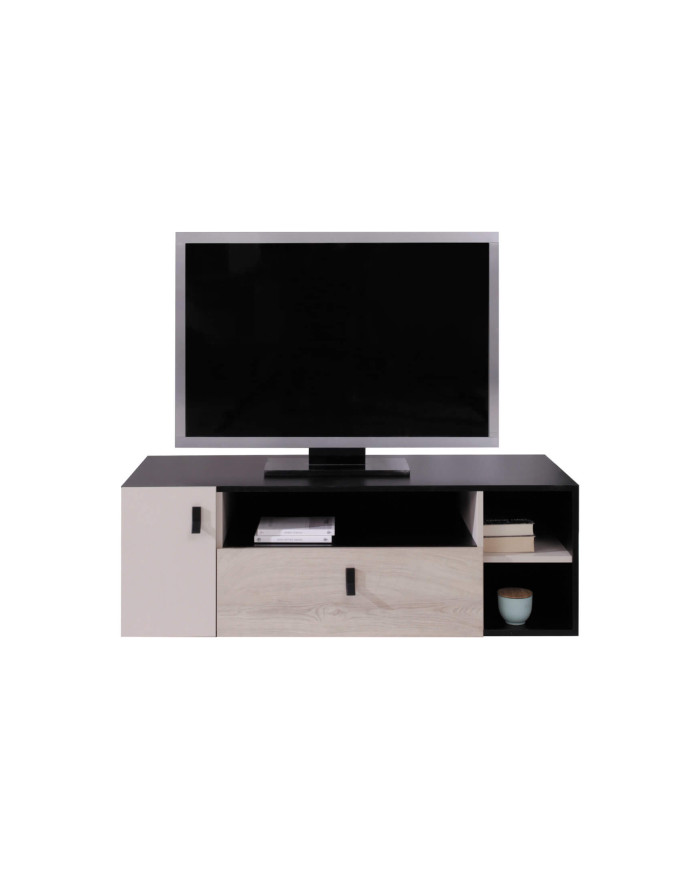 Szafka rtv Planet PL10 z szufladą, drzwiczkami i wnękami regałowymi, Czarny/ Dąb/ Beż, MEBLAR