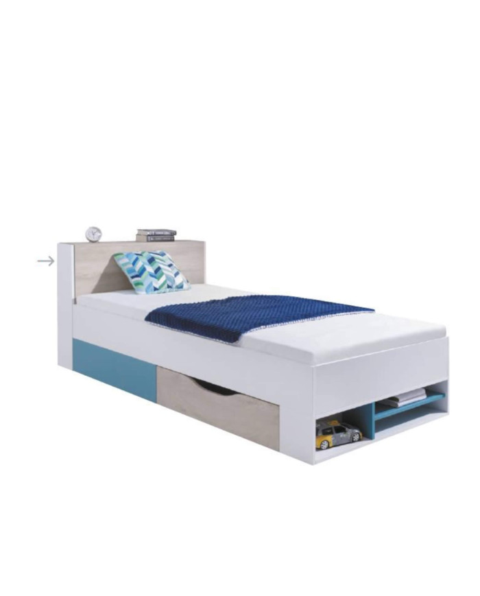 Łóżko Planet PL14, powierzchnia 90x200 cm, szuflada, wysuwany regał, wnęki regałowe, Biały lux/ Dąb/ Morski, MEBLAR